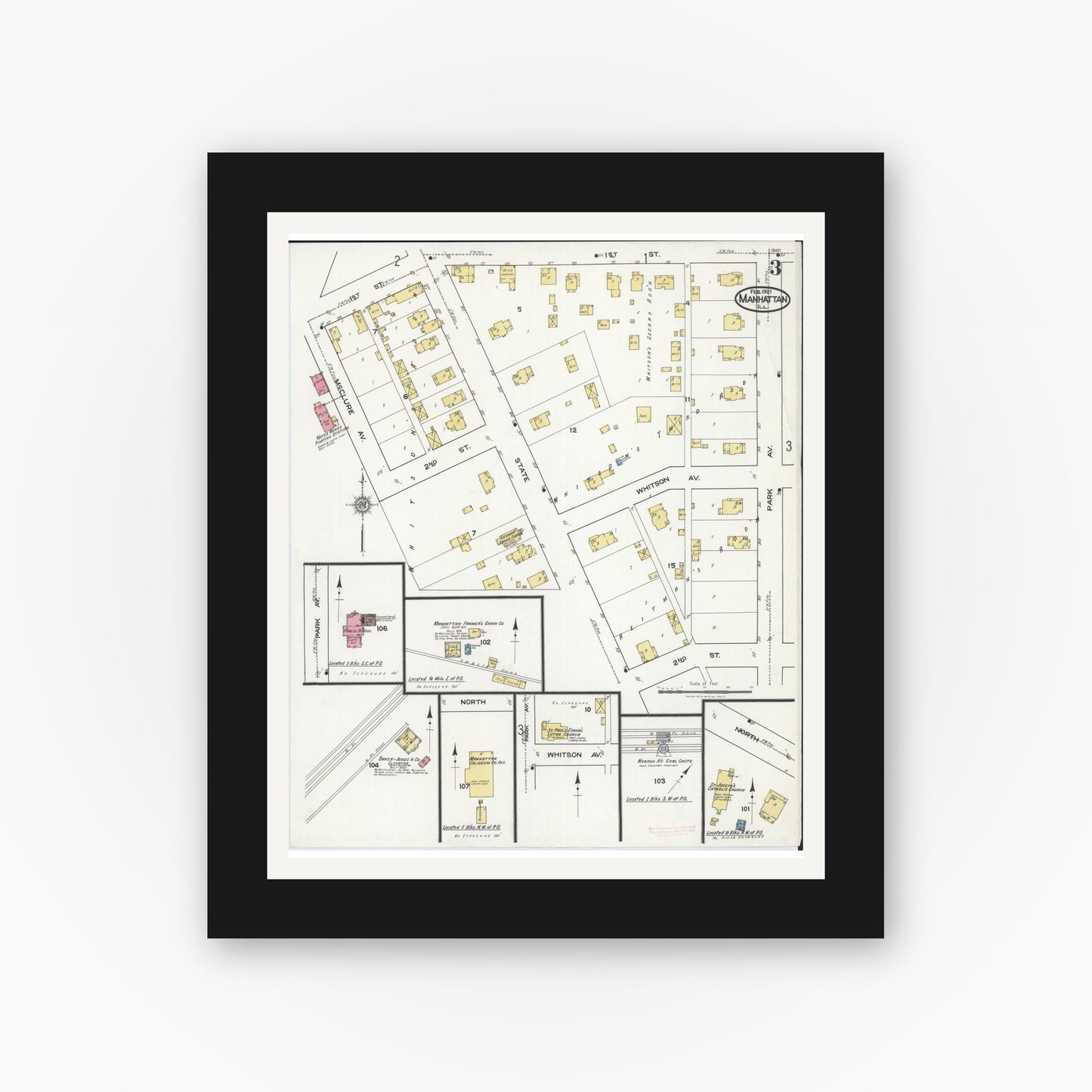 Old map wall art mockup — black gallery frame with white mat — Sanborn Fire Insurance Map from Manhattan, Will County, Illinois (1921), Sheet #0003
