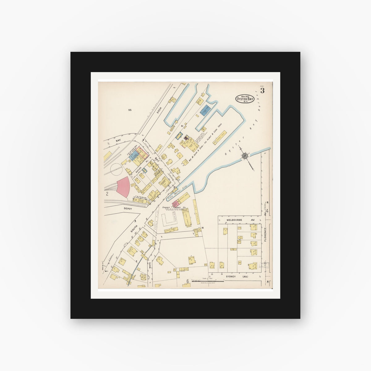 Old map wall art mockup — black gallery frame with white mat — Sanborn Fire Insurance Map from Oyster Bay, Nassau County, New York (1922), Sheet #0003