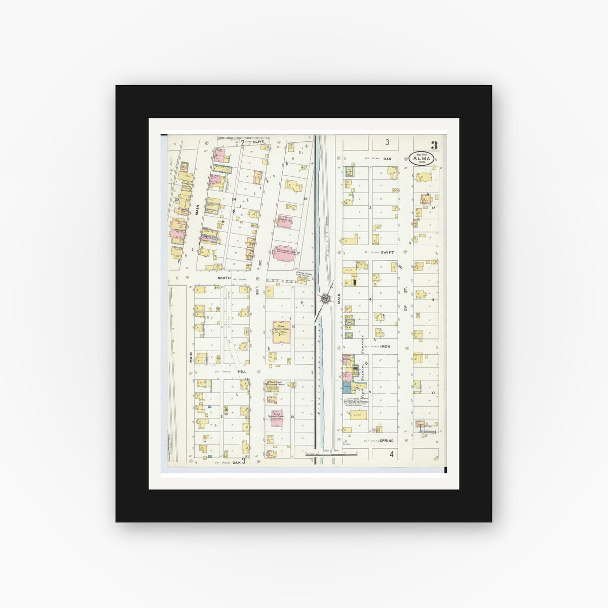 Old map wall art mockup — black gallery frame with white mat — Sanborn Fire Insurance Map from Alma, Buffalo County, Wisconsin (1910), Sheet #0003