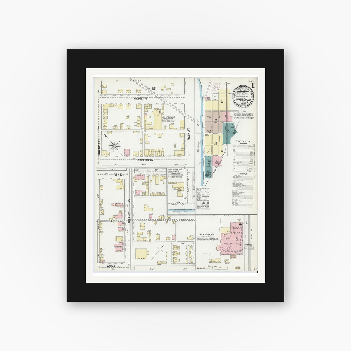 Old map wall art mockup — black gallery frame with white mat — Sanborn Fire Insurance Map from Kittanning, Armstrong County, Pennsylvania (1891) - Complete Map Set