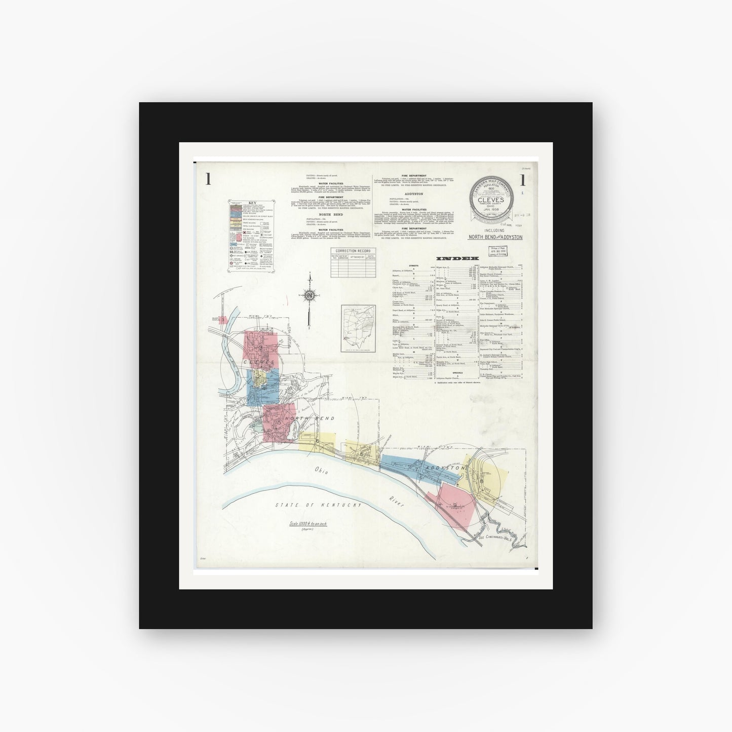 Old map wall art mockup — black gallery frame with white mat — Sanborn Fire Insurance Map from Cleves, Hamilton County, Ohio (1938) - Complete Map Set