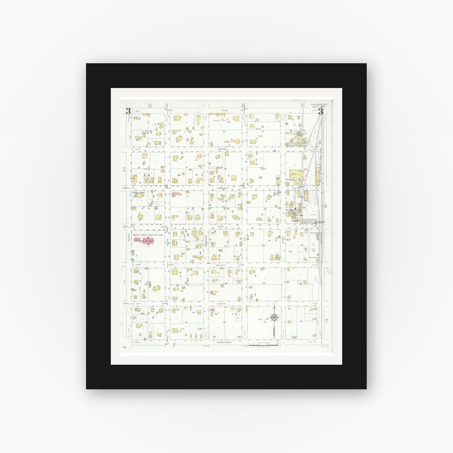 Old map wall art mockup — black gallery frame with white mat — Sanborn Fire Insurance Map from Bastrop, Bastrop County, Texas (1934), Sheet #0003