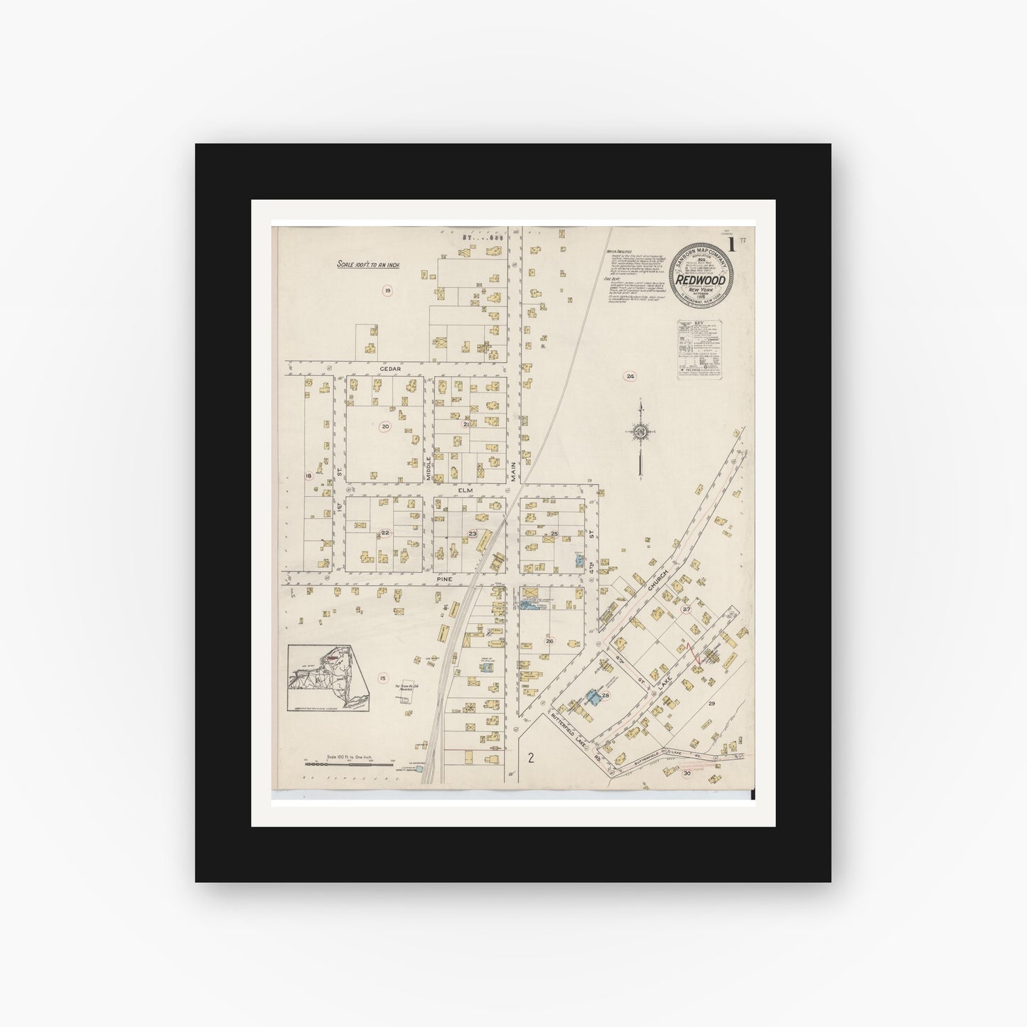 Old map wall art mockup — black gallery frame with white mat — Sanborn Fire Insurance Map from Redwood, Jefferson County, New York (1915) - Complete Map Set
