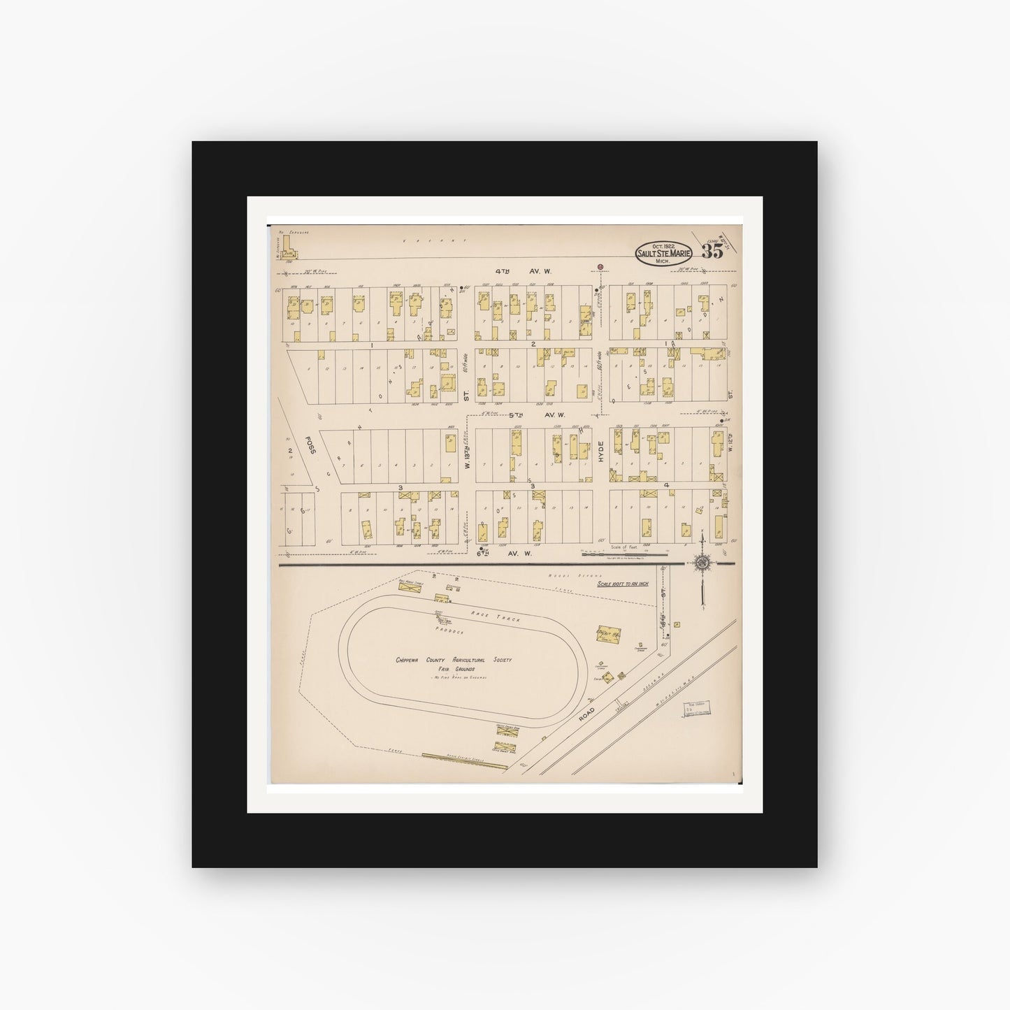 Old map wall art mockup — black gallery frame with white mat — Sanborn Fire Insurance Map from Sault Sainte Marie, Chippewa County, Michigan (1922), Sheet #0035
