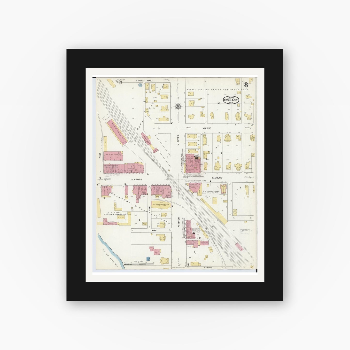 Old map wall art mockup — black gallery frame with white mat — Sanborn Fire Insurance Map from Ypsilanti, Washtenaw County, Michigan (1916), Sheet #0008