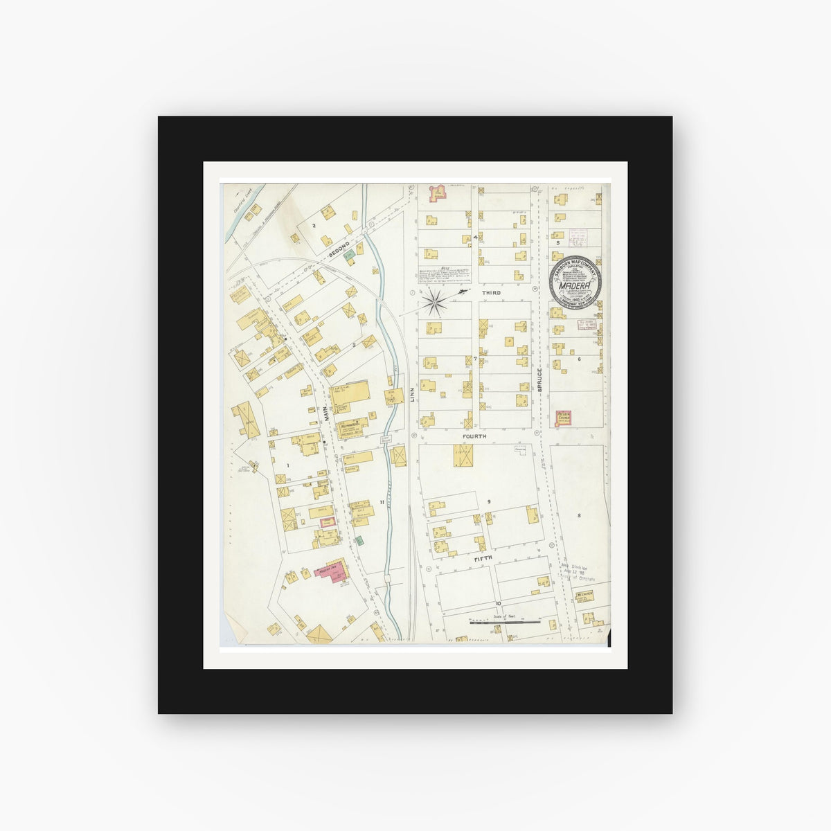 Old map wall art mockup — black gallery frame with white mat — Sanborn Fire Insurance Map from Madera, Clearfield County, Pennsylvania (1905), Sheet #0001