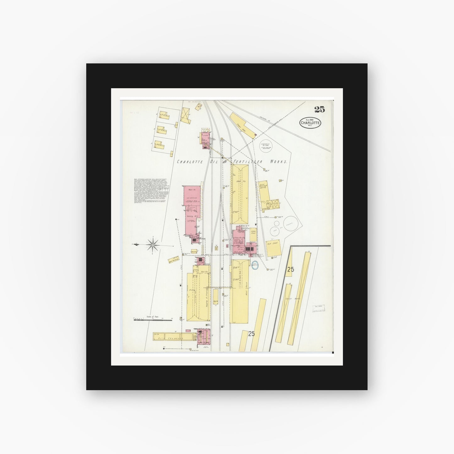 Old map wall art mockup — black gallery frame with white mat — Sanborn Fire Insurance Map from Charlotte, Mecklenburg County, North Carolina (1900), Sheet #0025
