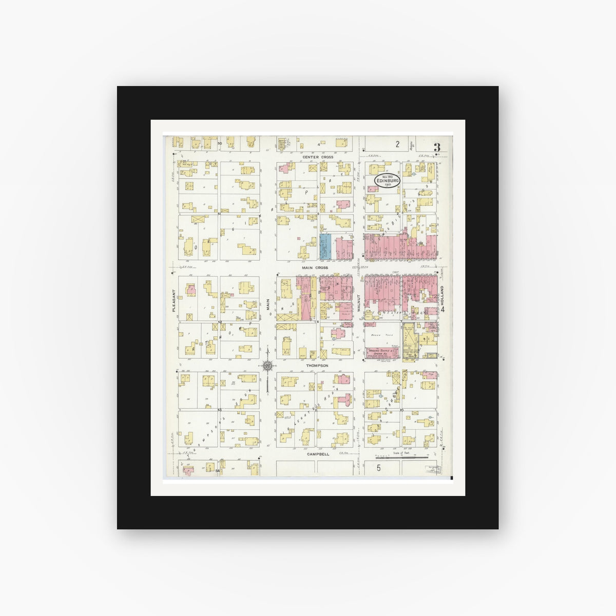 Old map wall art mockup — black gallery frame with white mat — Sanborn Fire Insurance Map from Edinburg, Johnson And Bartholomew Counties, Indiana (1910), Sheet #0003