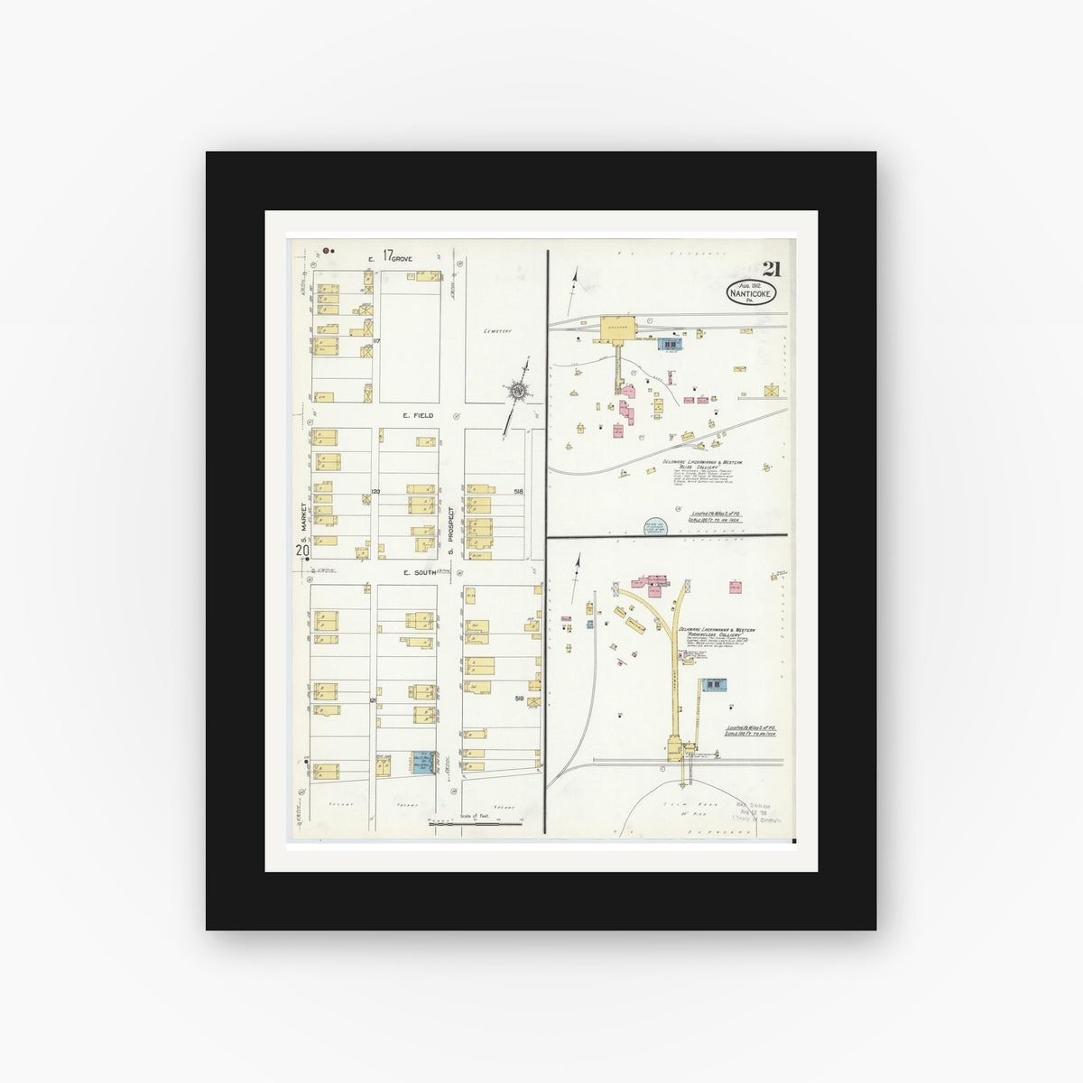 Old map wall art mockup — black gallery frame with white mat — Sanborn Fire Insurance Map from Nanticoke, Luzerne County, Pennsylvania (1912), Sheet #0021