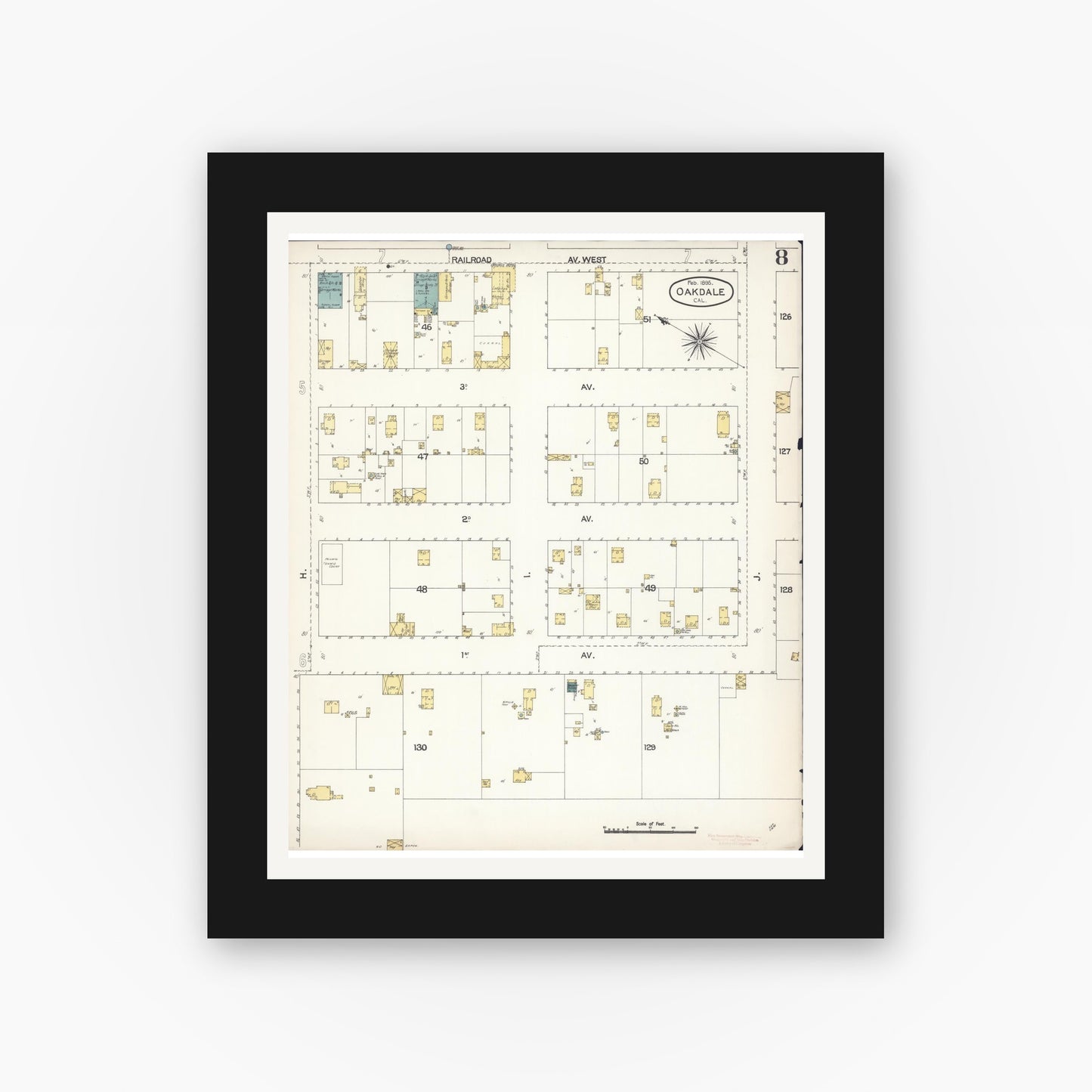 Old map wall art mockup — black gallery frame with white mat — Sanborn Fire Insurance Map from Oakdale, Stanislaus County, California (1895), Sheet #0008