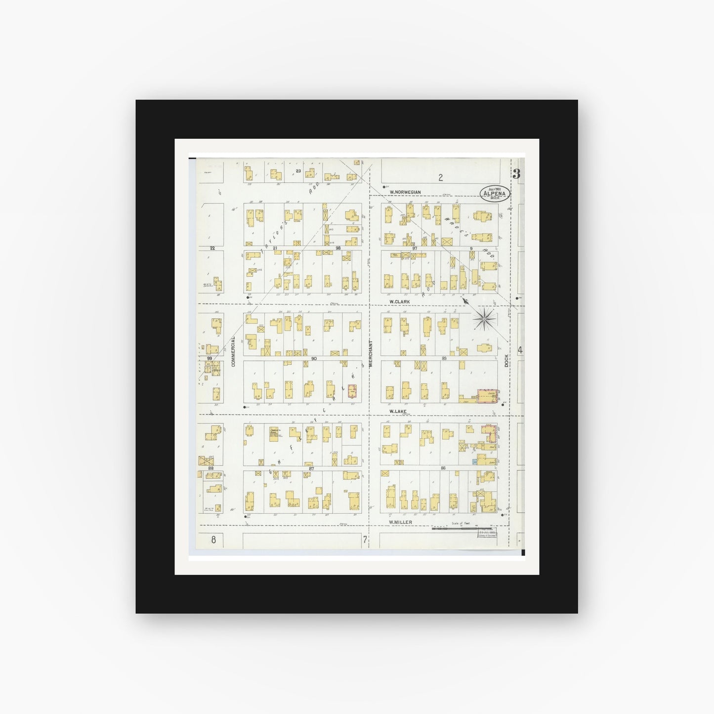 Old map wall art mockup — black gallery frame with white mat — Sanborn Fire Insurance Map from Alpena, Alpena County, Michigan (1901), Sheet #0003