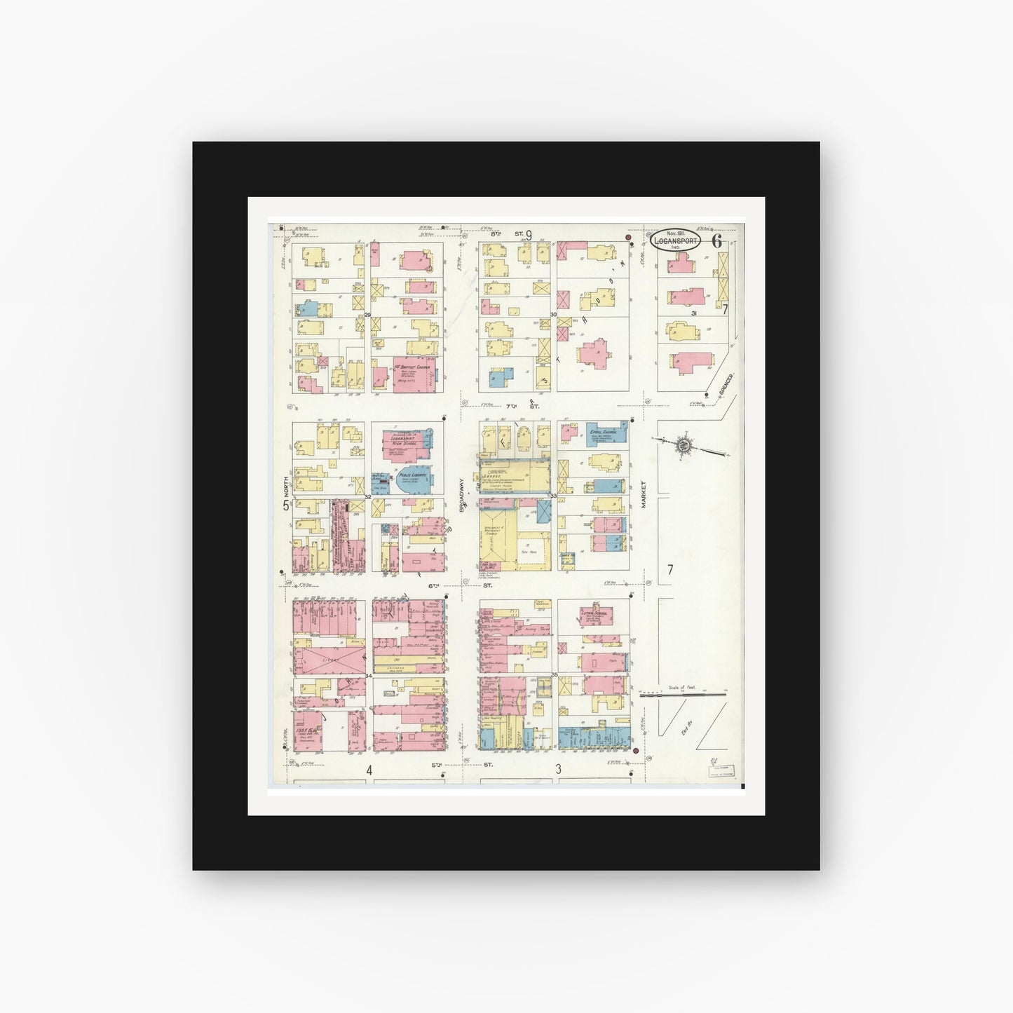 Old map wall art mockup — black gallery frame with white mat — Sanborn Fire Insurance Map from Logansport, Cass County, Indiana (1911), Sheet #0006
