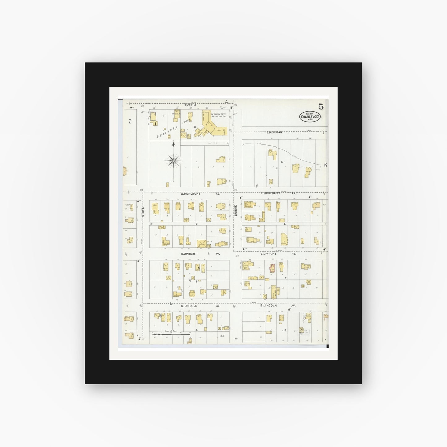 Old map wall art mockup — black gallery frame with white mat — Sanborn Fire Insurance Map from Charlevoix, Charlevoix County, Michigan (1901), Sheet #0005