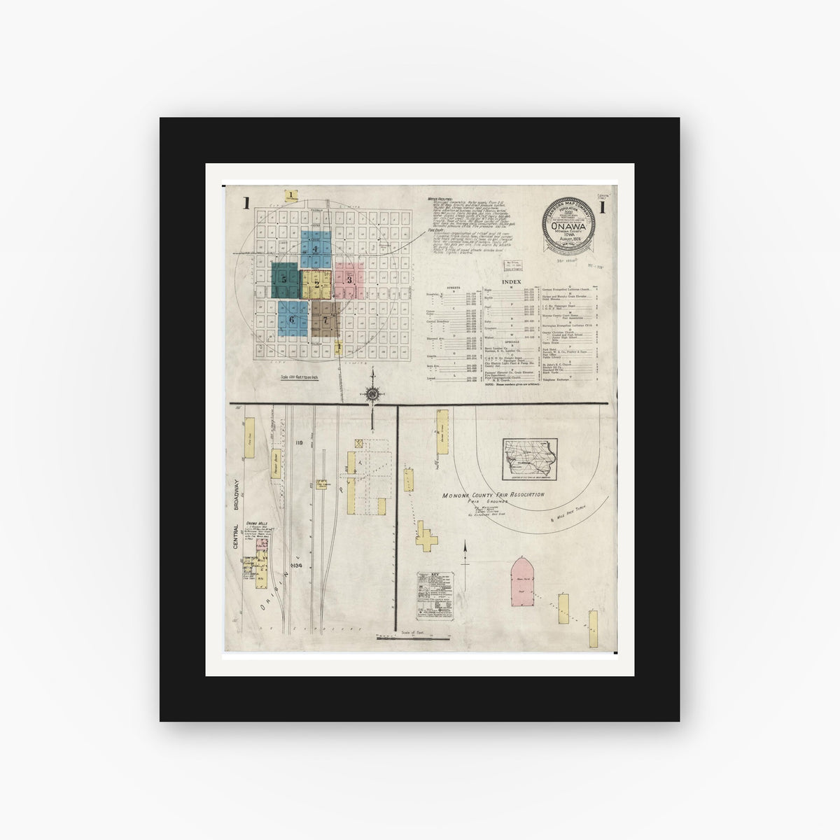 Old map wall art mockup — black gallery frame with white mat — Sanborn Fire Insurance Map from Onawa, Monona County, Iowa (1924) — Complete Set