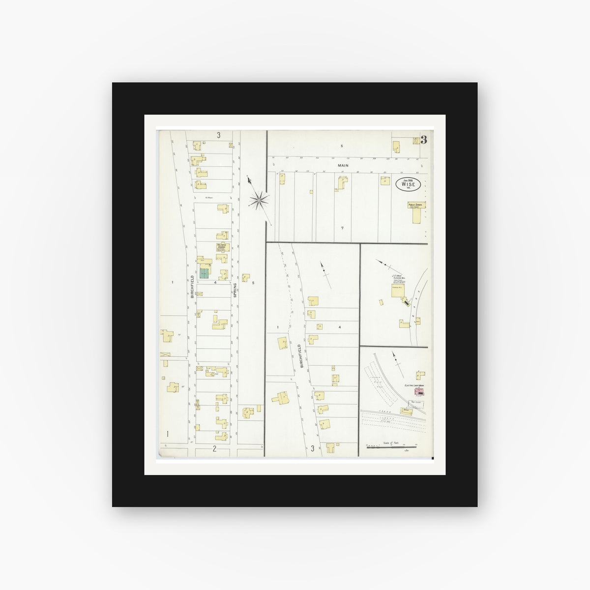 Old map wall art mockup — black gallery frame with white mat — Sanborn Fire Insurance Map from Wise, Wise County, Virginia (1908), Sheet #0003
