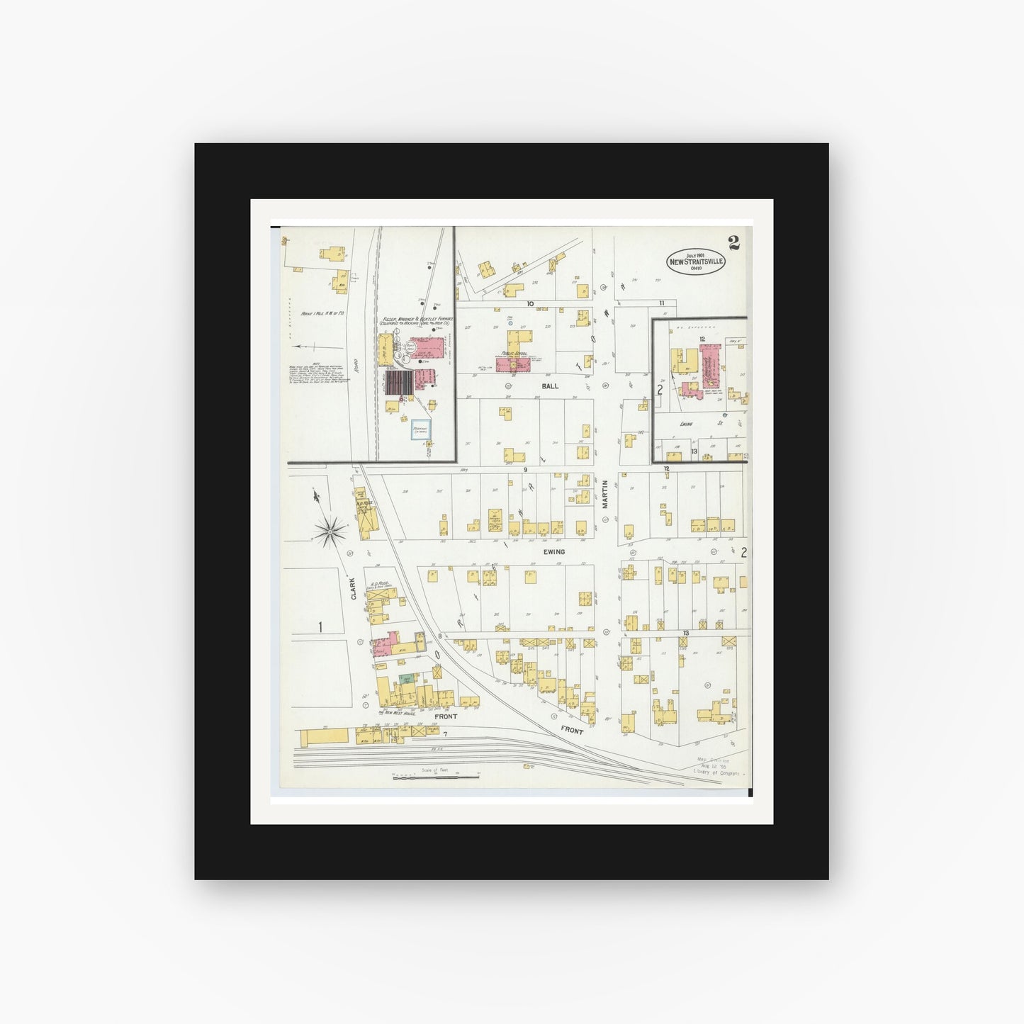 Old map wall art mockup — black gallery frame with white mat — Sanborn Fire Insurance Map from New Straitsville, Perry County, Ohio (1901), Sheet #0002