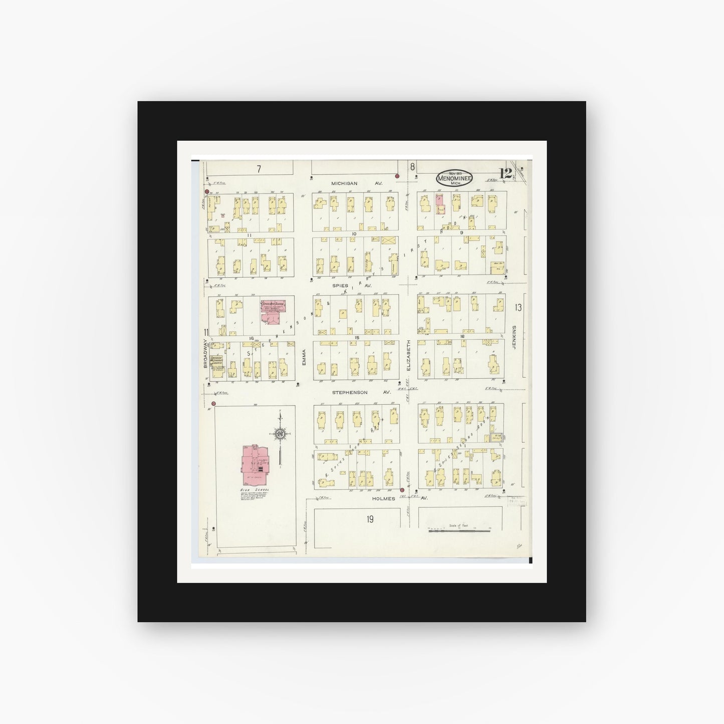 Old map wall art mockup — black gallery frame with white mat — Sanborn Fire Insurance Map from Menominee, Menominee County, Michigan (1913), Sheet #0012