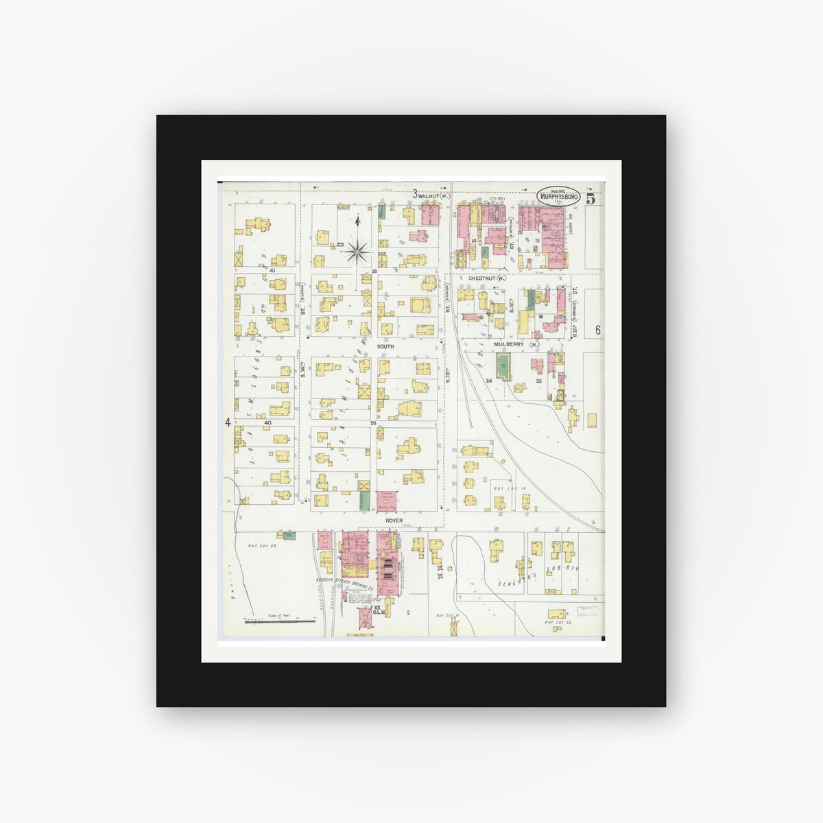 Old map wall art mockup — black gallery frame with white mat — Sanborn Fire Insurance Map from Murphysboro, Jackson County, Illinois (1902), Sheet #0005