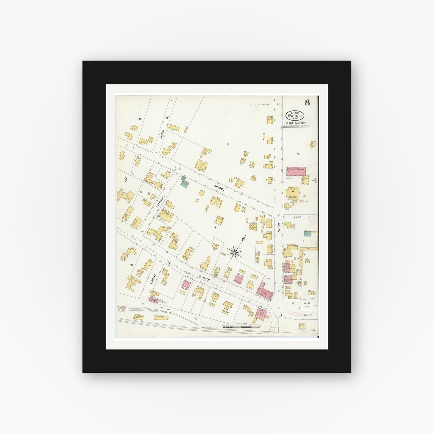 Old map wall art mockup — black gallery frame with white mat — Sanborn Fire Insurance Map from Warren, Worcester County, Massachusetts (1906), Sheet #0008