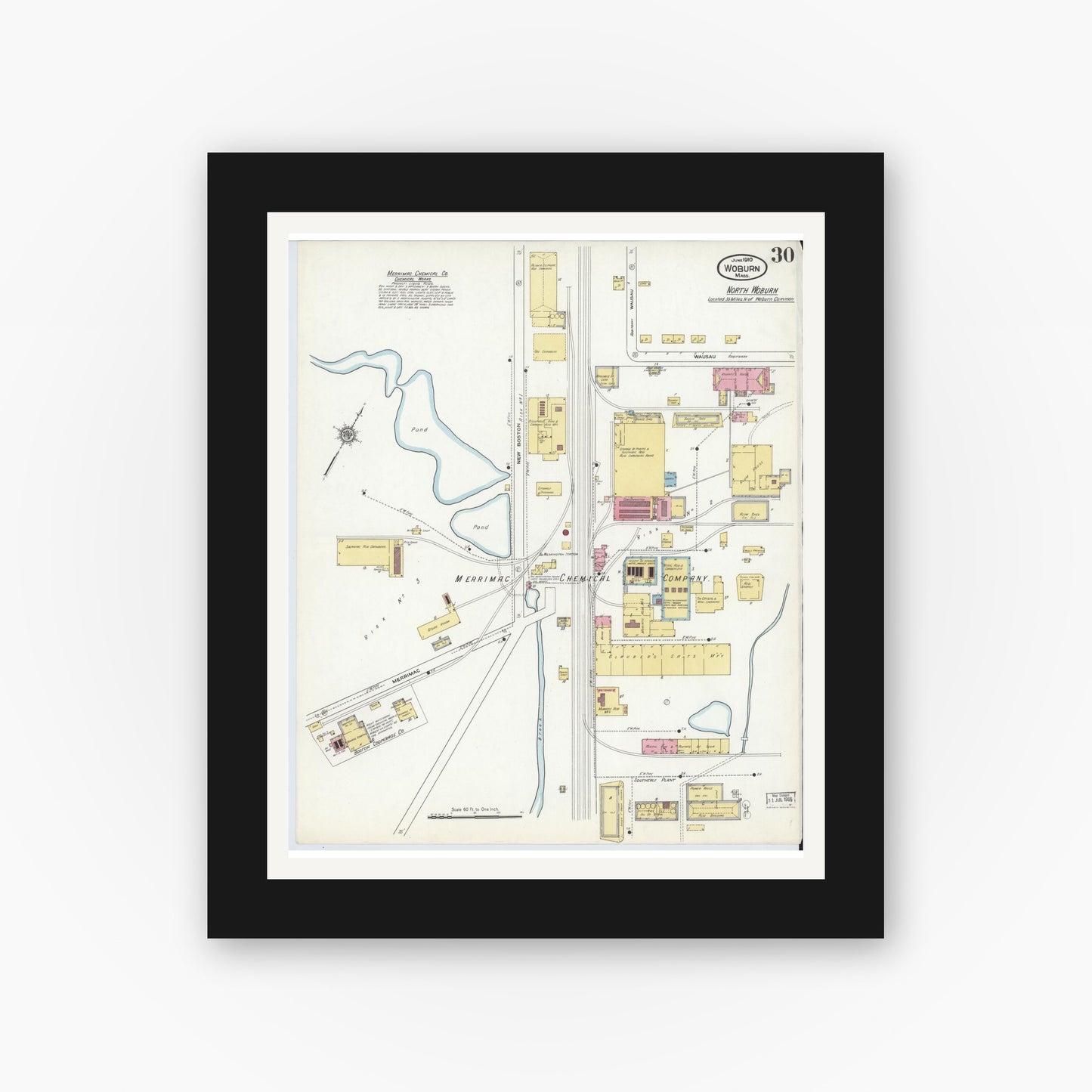 Old map wall art mockup — black gallery frame with white mat — Sanborn Fire Insurance Map from Woburn, Middlesex County, Massachusetts (1910), Sheet #0030