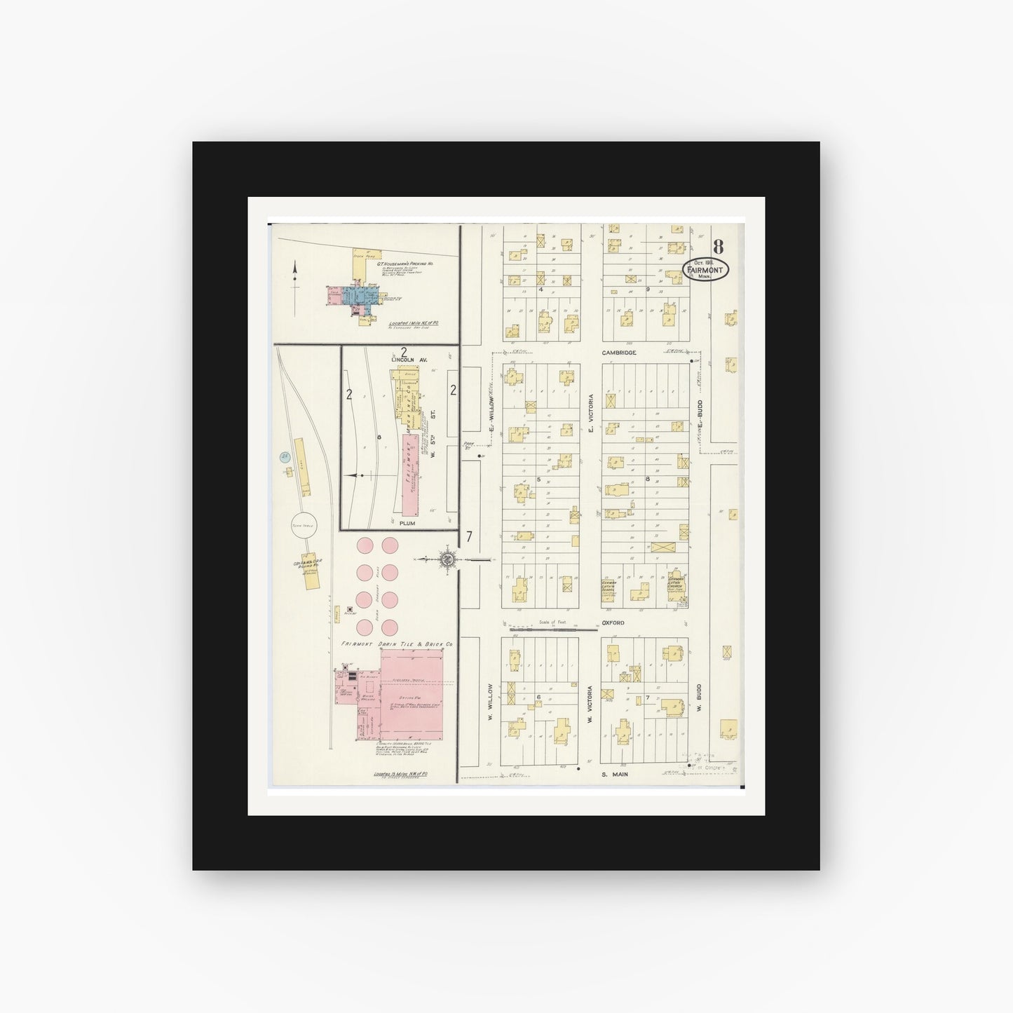 Old map wall art mockup — black gallery frame with white mat — Sanborn Fire Insurance Map from Fairmont, Martin County, Minnesota (1911), Sheet #0008