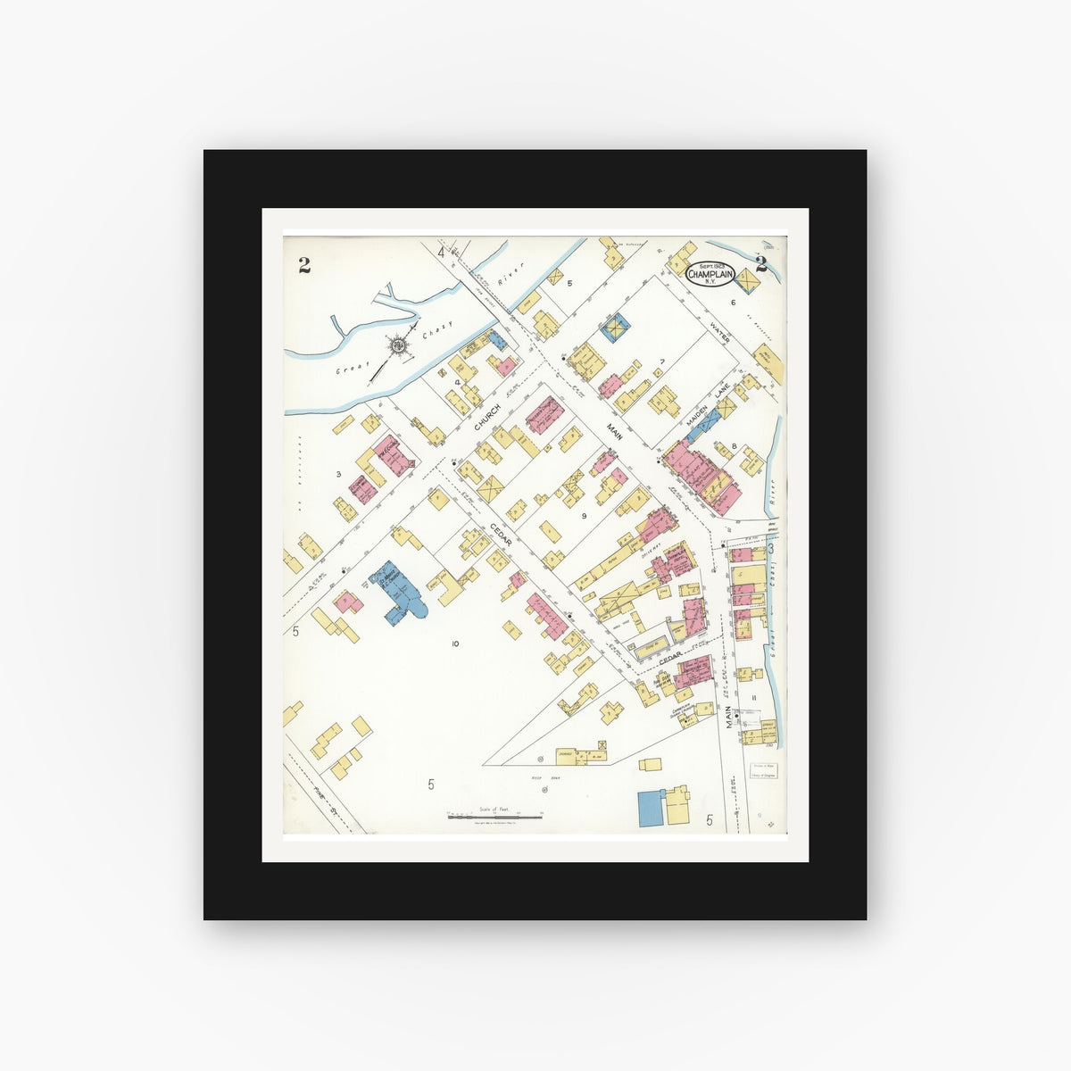 Old map wall art mockup — black gallery frame with white mat — Sanborn Fire Insurance Map from Champlain, Clinton County, New York (1923), Sheet #0002