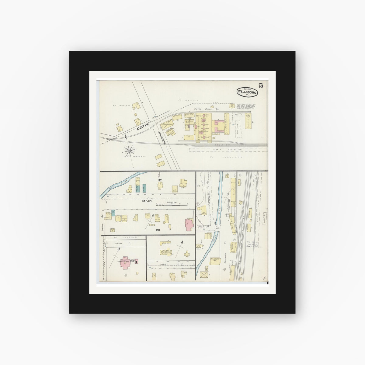 Old map wall art mockup — black gallery frame with white mat — Sanborn Fire Insurance Map from Wellsboro, Tioga County, Pennsylvania (1891), Sheet #0005