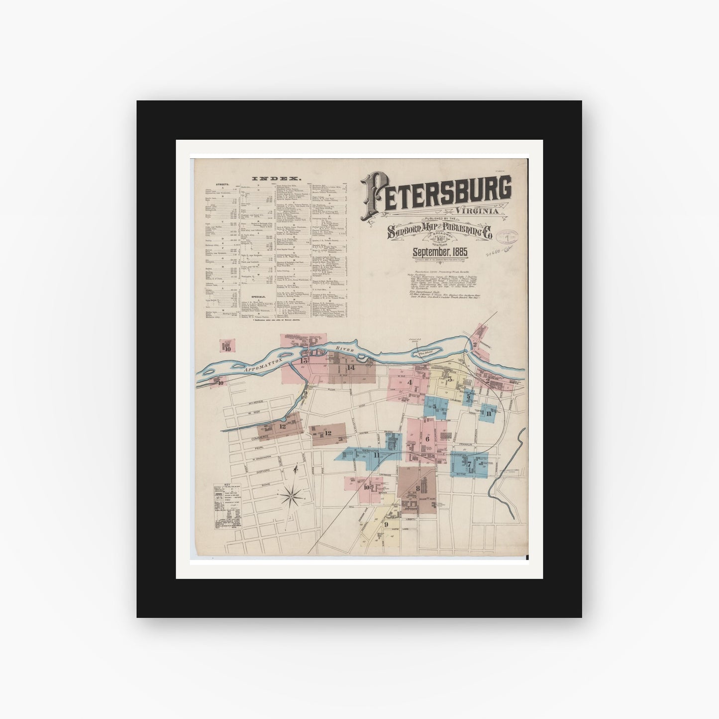 Old map wall art mockup — black gallery frame with white mat — Sanborn Fire Insurance Map from Petersburg, Independent Cities, Virginia (1885), Sheet #0001