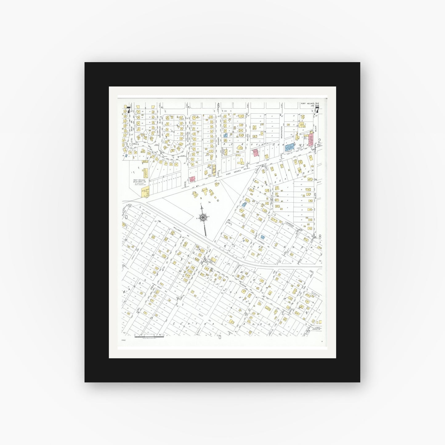 Old map wall art mockup — black gallery frame with white mat — Sanborn Fire Insurance Map from Port Neches, Jefferson County, Texas (1949), Sheet #0007