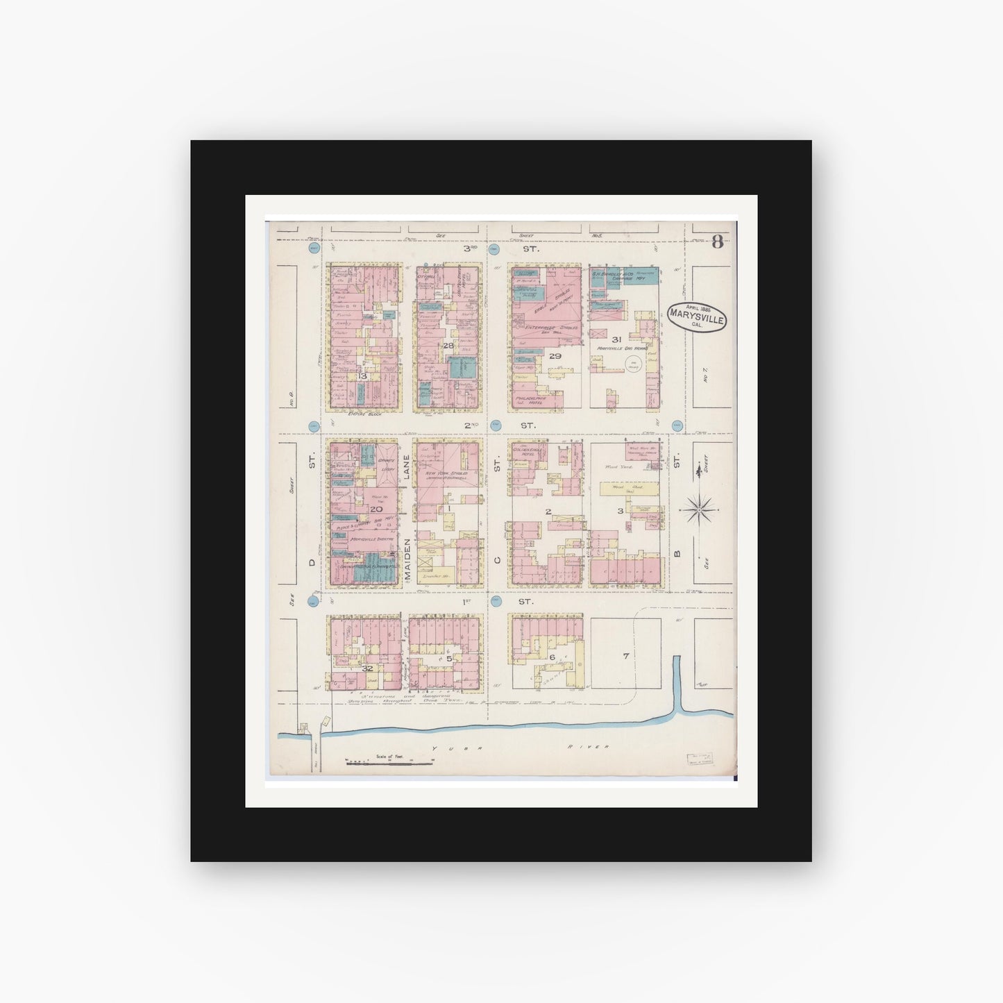 Old map wall art mockup — black gallery frame with white mat — Sanborn Fire Insurance Map from Marysville, Yuba County, California (1885), Sheet #0008