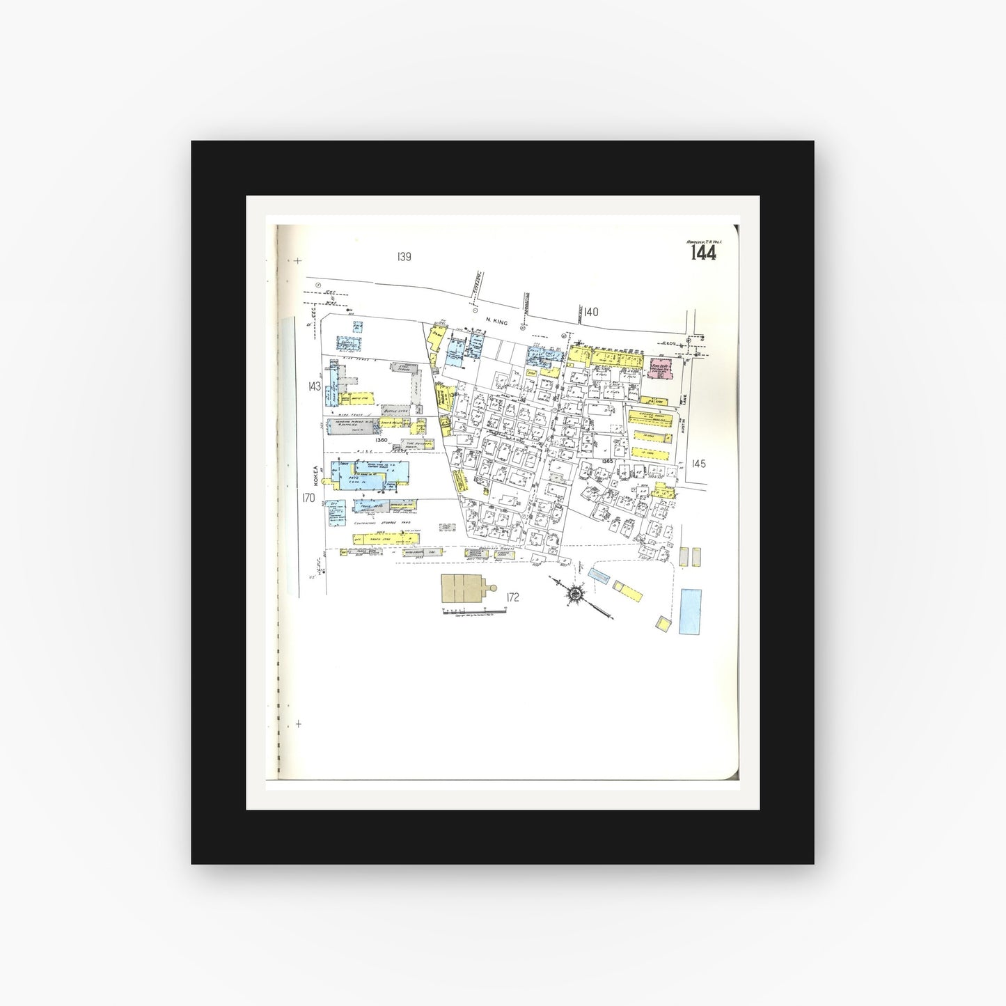 Old map wall art mockup — black gallery frame with white mat — Sanborn Fire Insurance Map from Honolulu, Oahu County, Hawaii (1955), Sheet #0144