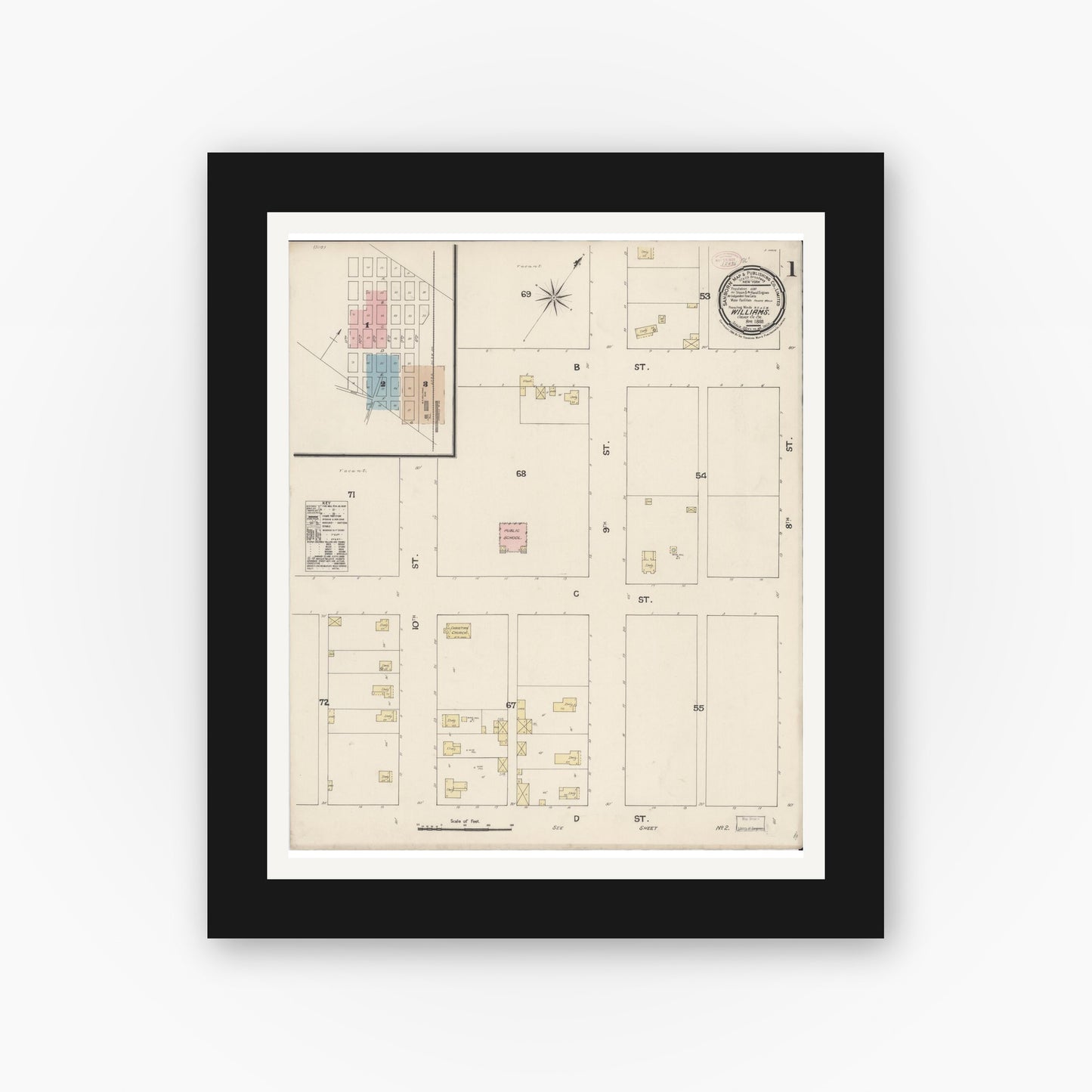 Old map wall art mockup — black gallery frame with white mat — Sanborn Fire Insurance Map from Williams, Colusa County, California (1889) - Complete Map Set