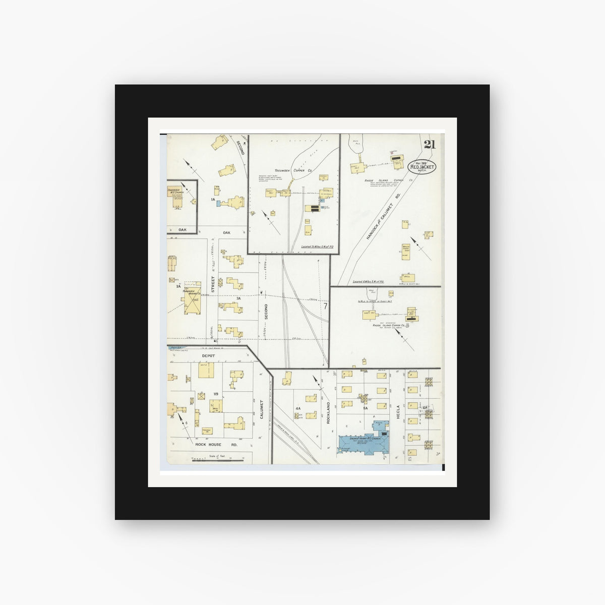 Old map wall art mockup — black gallery frame with white mat — Sanborn Fire Insurance Map from Red Jacket, Houghton County, Michigan (1908), Sheet #0021