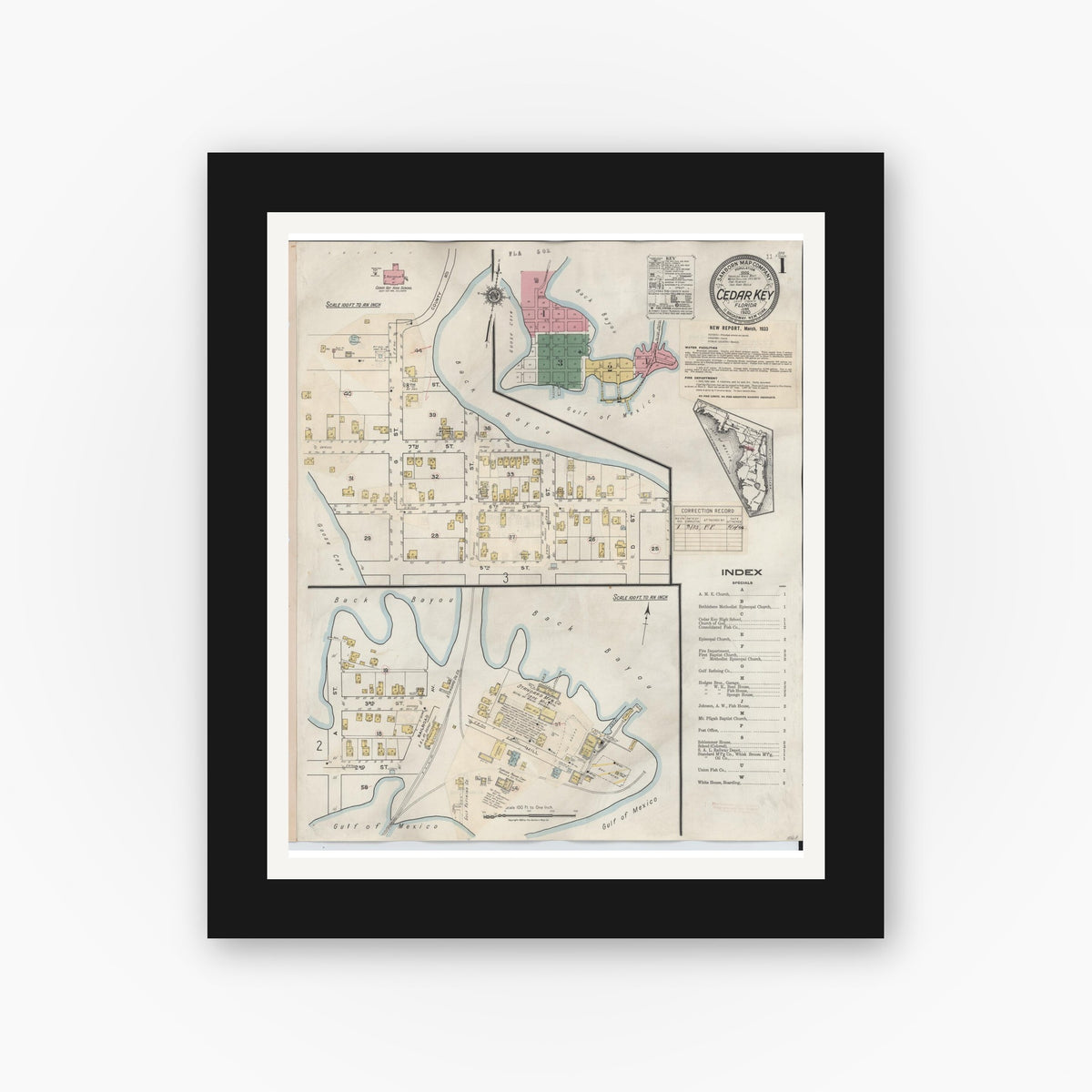 Old map wall art mockup — black gallery frame with white mat — Sanborn Fire Insurance Map from Cedar Key, Levy County, Florida (1933), Sheet #0001