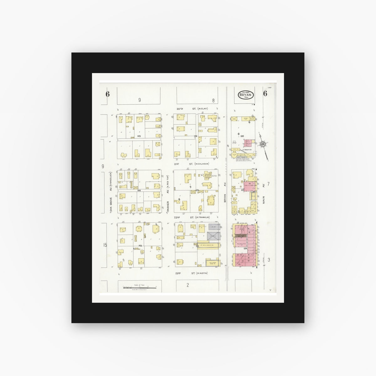Old map wall art mockup — black gallery frame with white mat — Sanborn Fire Insurance Map from Bryan, Brazos County, Texas (1925), Sheet #0006