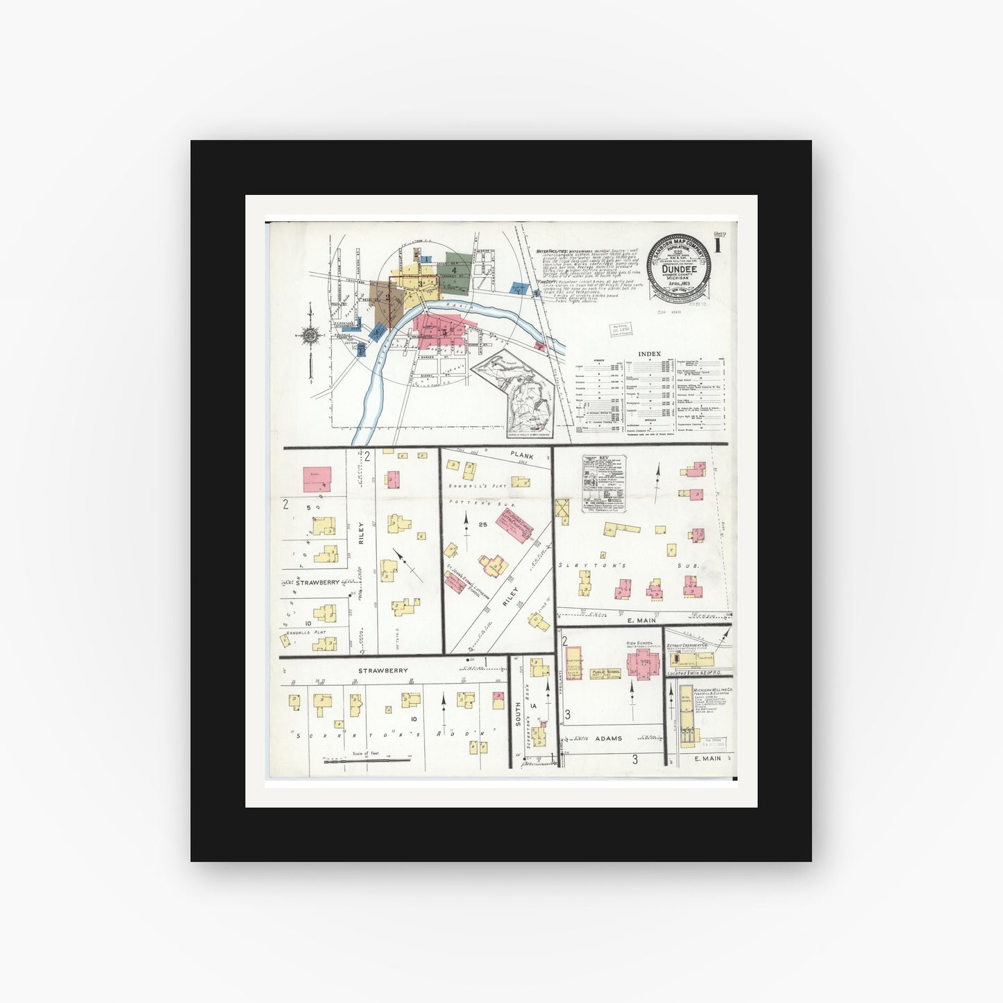 Old map wall art mockup — black gallery frame with white mat — Sanborn Fire Insurance Map from Dundee, Monroe County, Michigan (1923) - Complete Map Set