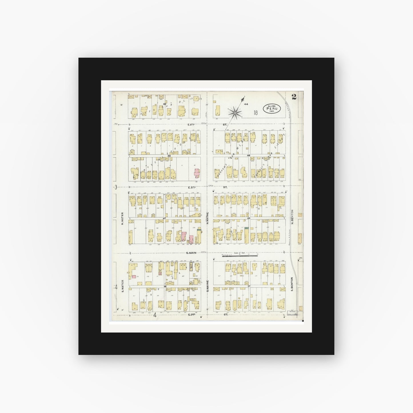 Old map wall art mockup — black gallery frame with white mat — Sanborn Fire Insurance Map from Peru, Miami County, Indiana (1906), Sheet #0002