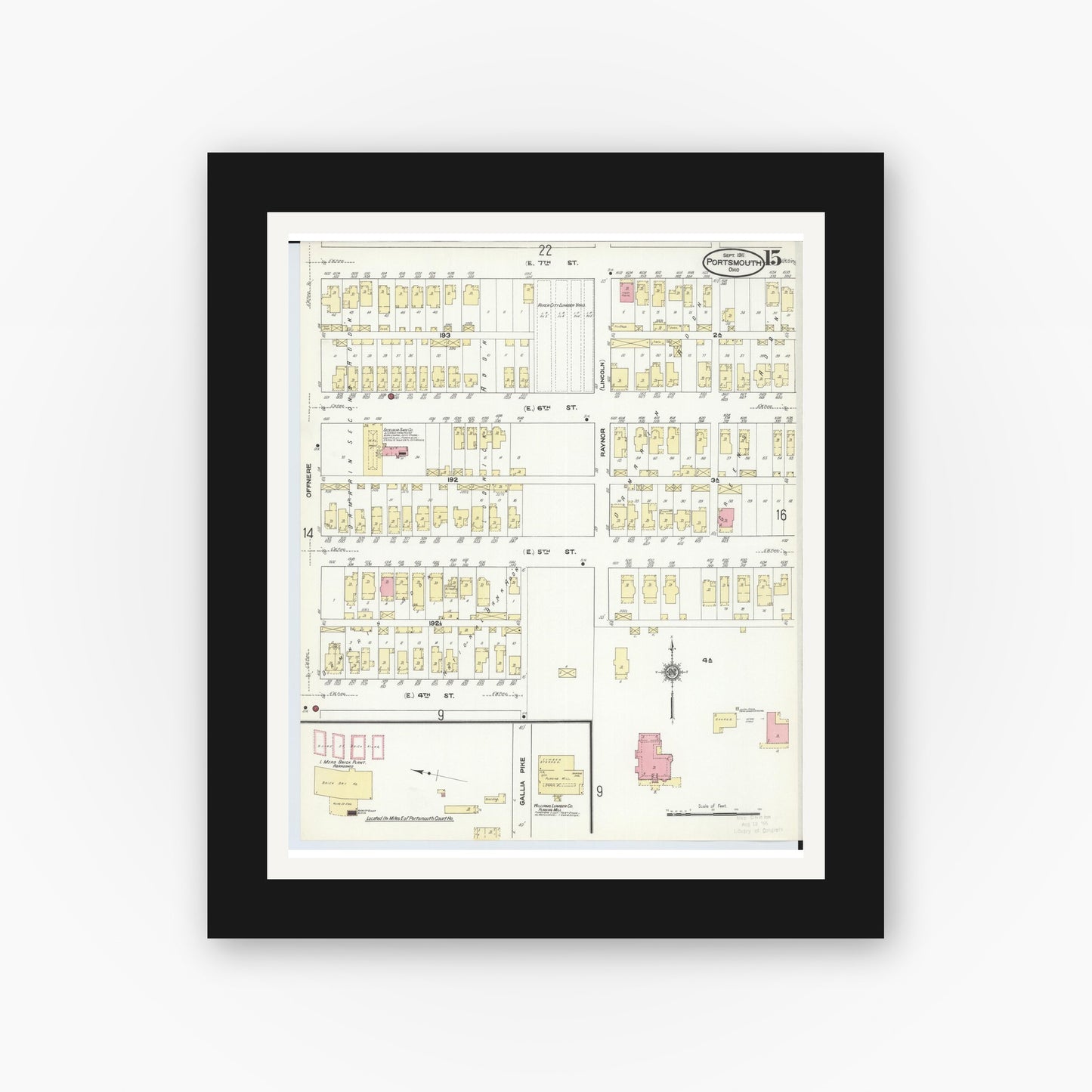 Old map wall art mockup — black gallery frame with white mat — Sanborn Fire Insurance Map from Portsmouth, Scioto County, Ohio (1911), Sheet #0015