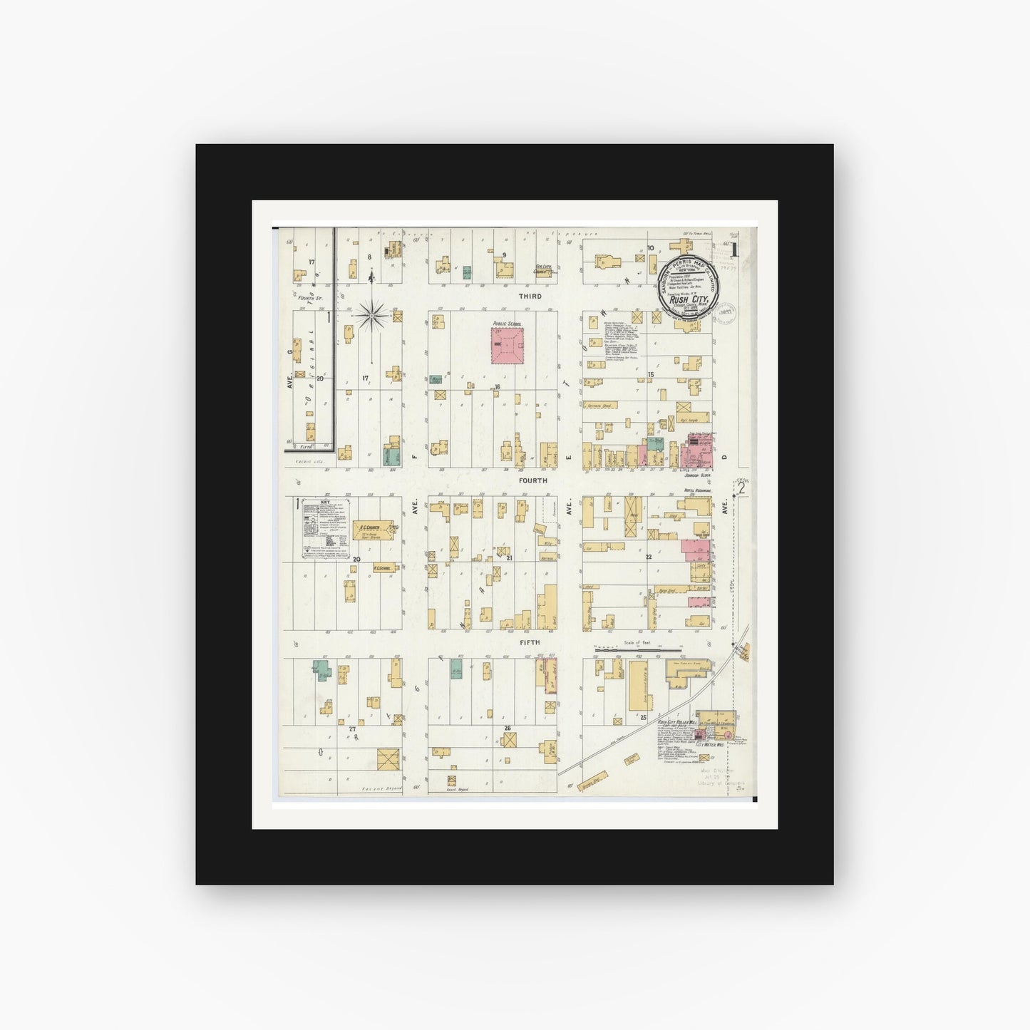 Old map wall art mockup — black gallery frame with white mat — Sanborn Fire Insurance Map from Rush City, Chisago County, Minnesota (1899) - Complete Map Set