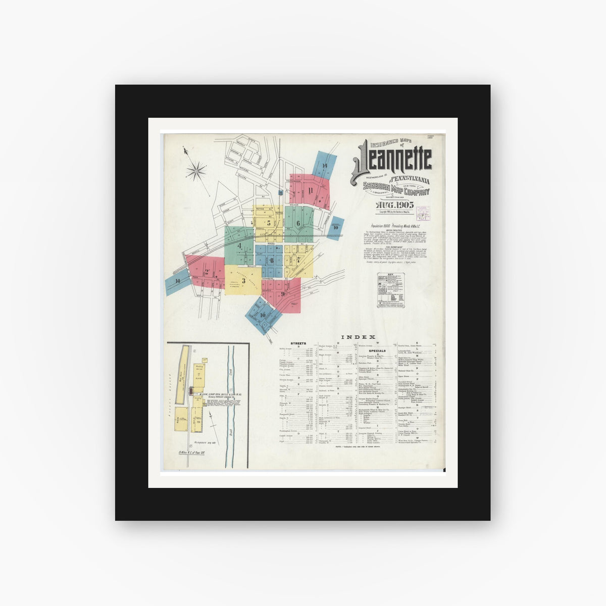 Old map wall art mockup — black gallery frame with white mat — Sanborn Fire Insurance Map from Jeannette, Westmoreland County, Pennsylvania (1905) - Complete Map Set