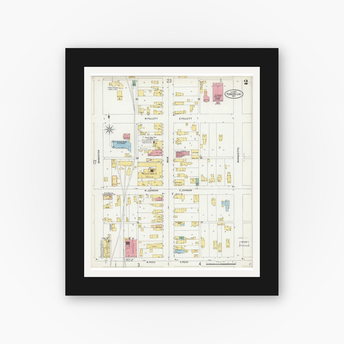Old map wall art mockup — black gallery frame with white mat — Sanborn Fire Insurance Map from Fond du Lac, Fond du Lac County, Wisconsin (1898), Sheet #0002