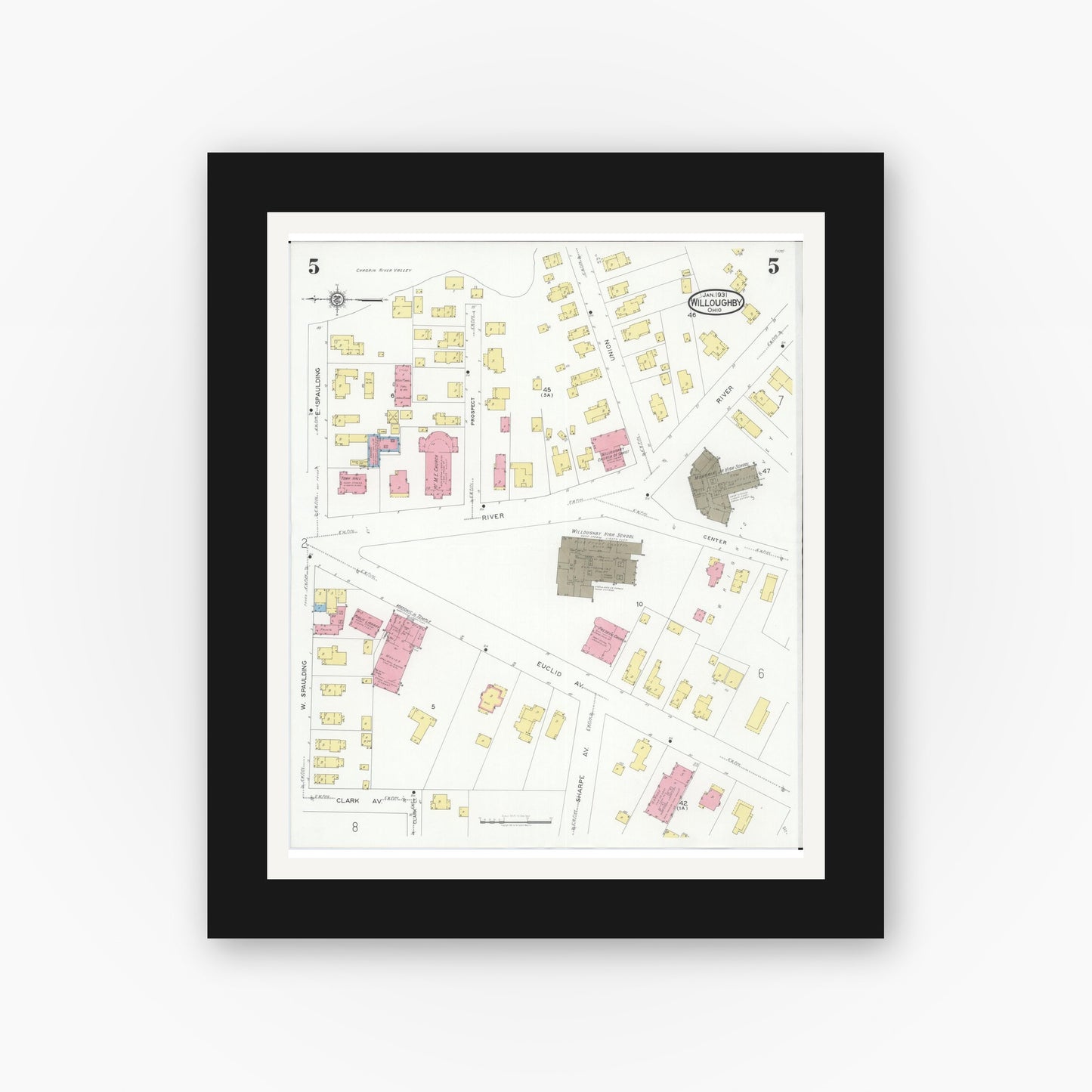 Old map wall art mockup — black gallery frame with white mat — Sanborn Fire Insurance Map from Willoughby, Lake County, Ohio (1931), Sheet #0005
