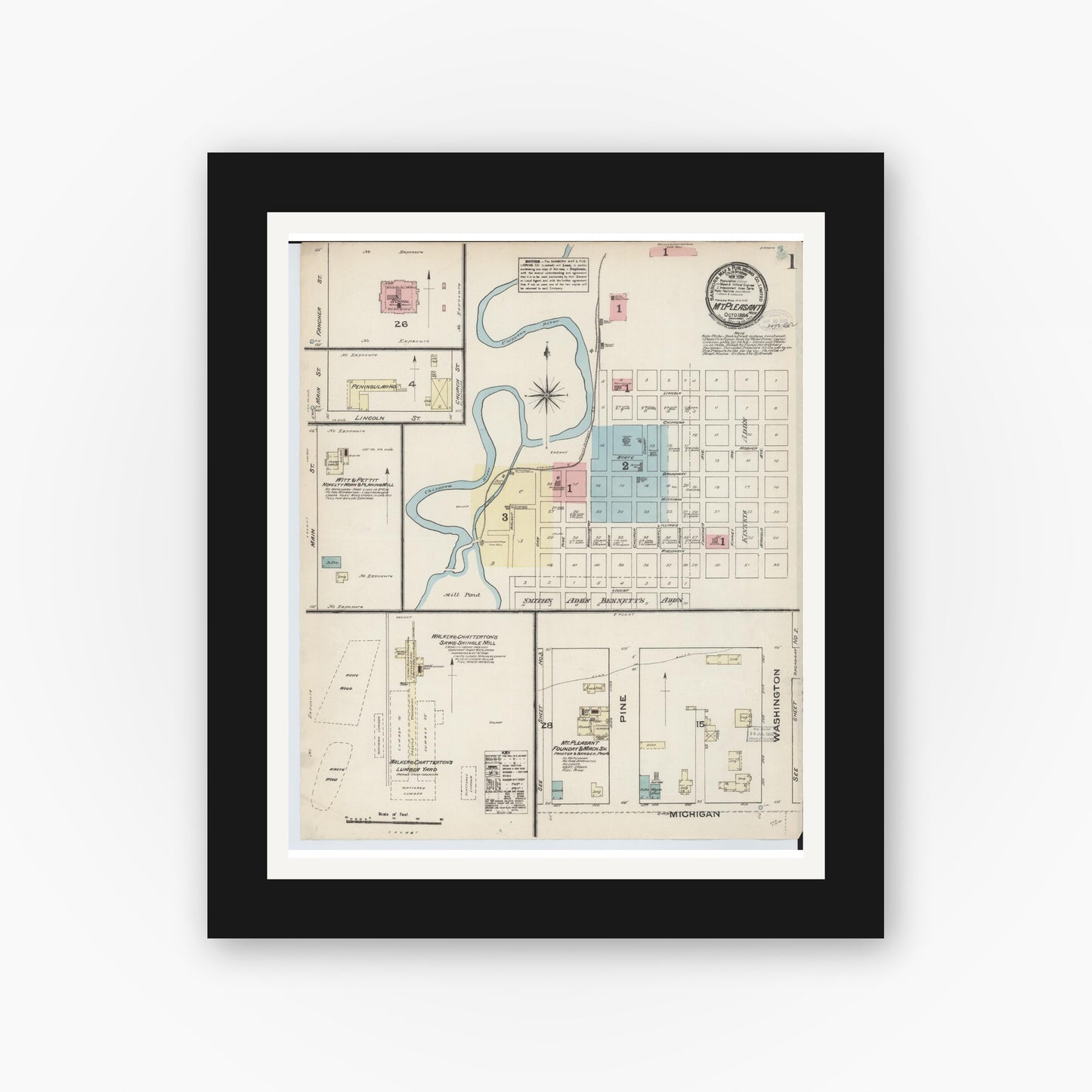 Old map wall art mockup — black gallery frame with white mat — Sanborn Fire Insurance Map from Mount Pleasant, Isabella County, Michigan (1884) - Complete Map Set
