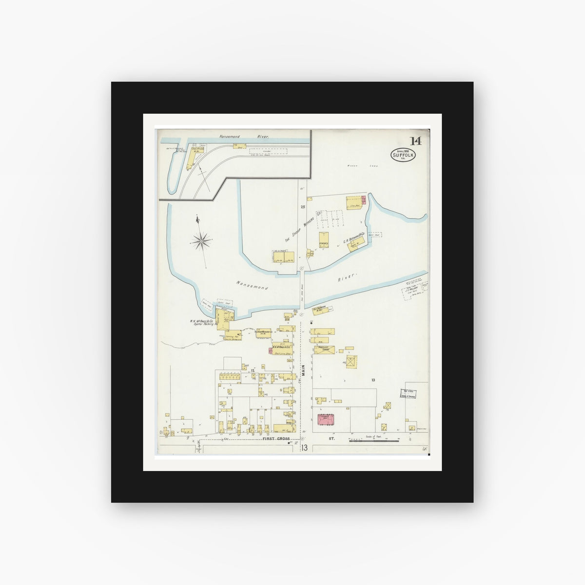 Old map wall art mockup — black gallery frame with white mat — Sanborn Fire Insurance Map from Suffolk, Independent Cities, Virginia (1898), Sheet #0014