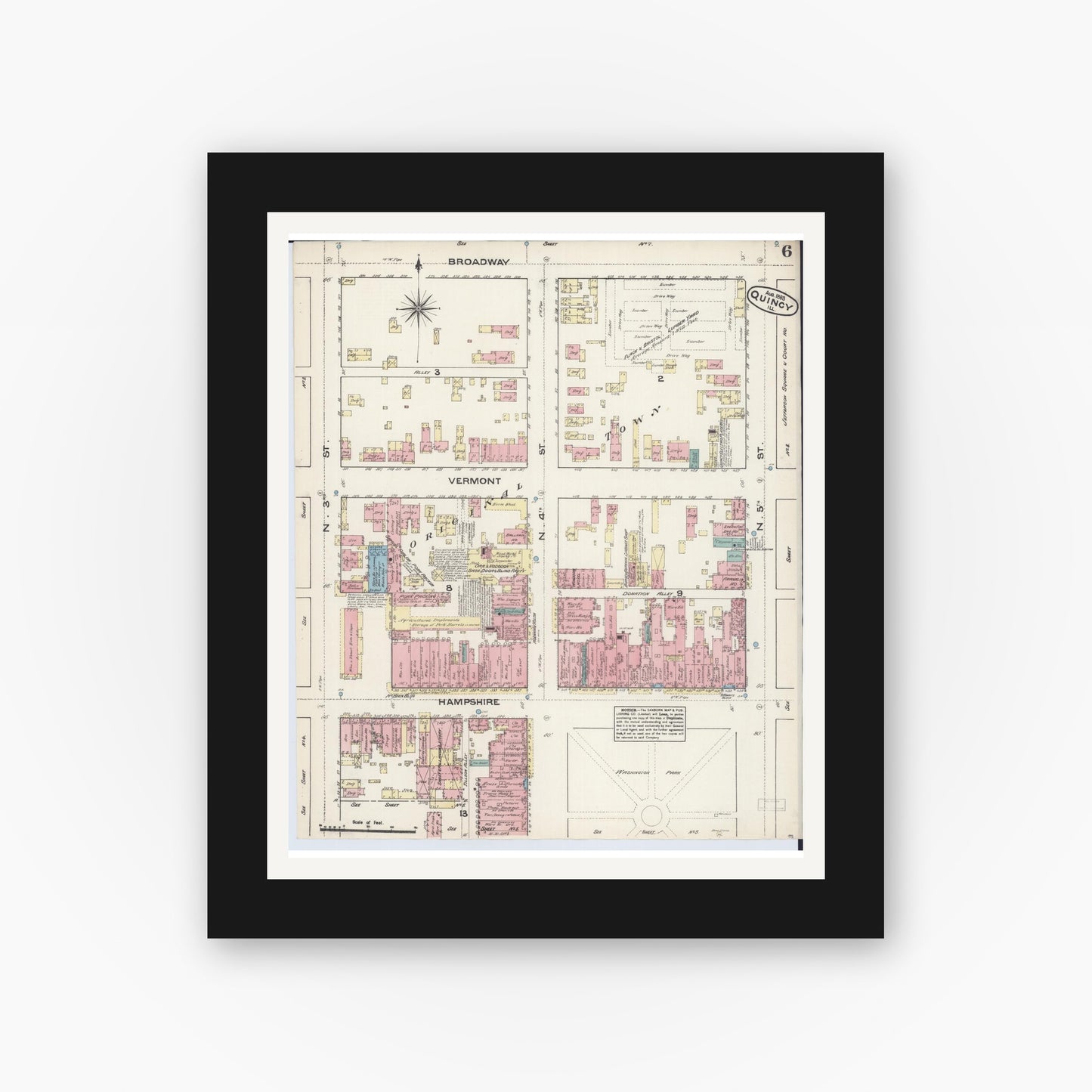 Old map wall art mockup — black gallery frame with white mat — Sanborn Fire Insurance Map from Quincy, Adams County, Illinois (1883), Sheet #0006