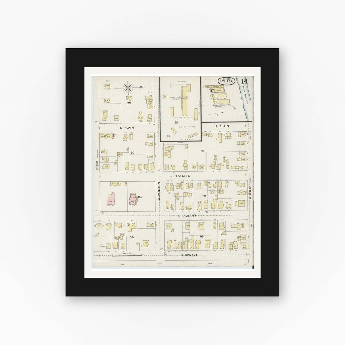 Old map wall art mockup — black gallery frame with white mat — Sanborn Fire Insurance Map from Ithaca, Tompkins County, New York (1888), Sheet #0014
