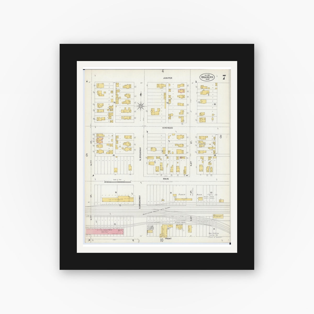 Old map wall art mockup — black gallery frame with white mat — Sanborn Fire Insurance Map from Brainerd, Crow Wing County, Minnesota (1902), Sheet #0007