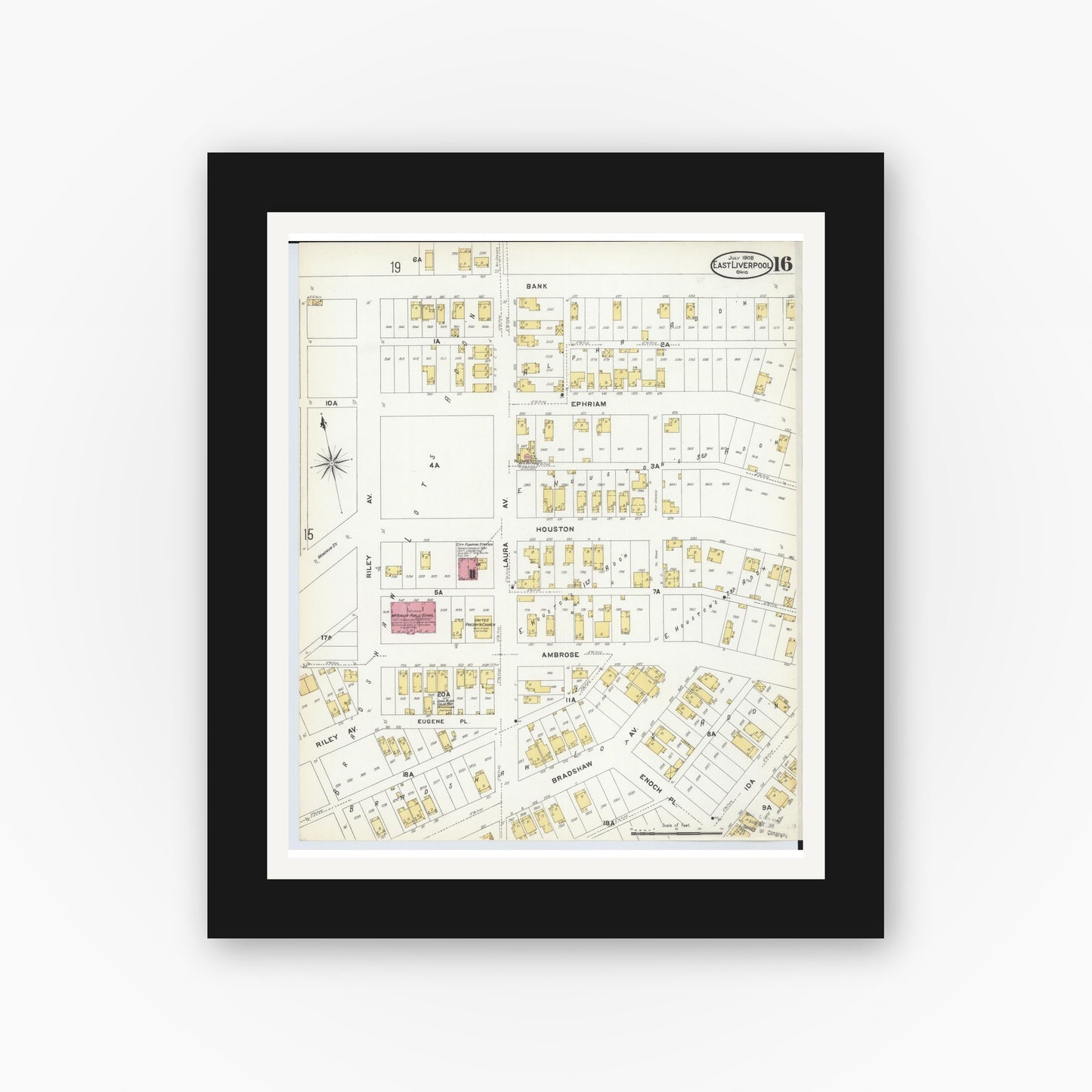 Old map wall art mockup — black gallery frame with white mat — Sanborn Fire Insurance Map from East Liverpool, Columbiana County, Ohio (1908), Sheet #0016