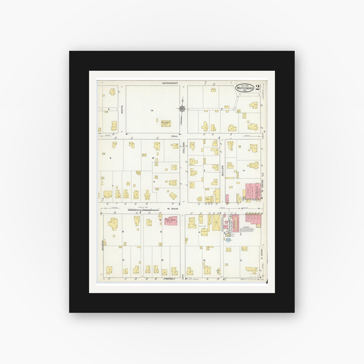 Old map wall art mockup — black gallery frame with white mat — Sanborn Fire Insurance Map from Whitesboro, Grayson County, Texas (1915), Sheet #0002