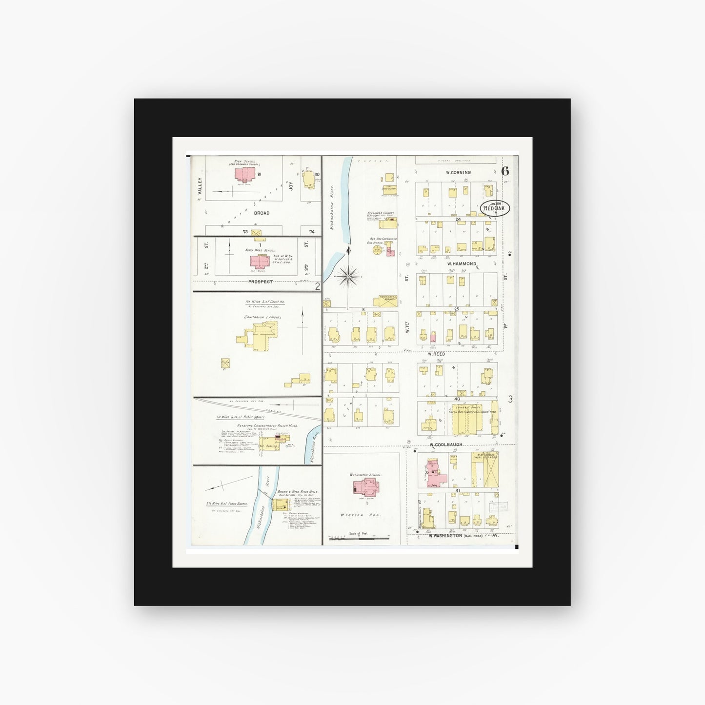 Old map wall art mockup — black gallery frame with white mat — Sanborn Fire Insurance Map from Red Oak, Montgomery County, Iowa (1899), Sheet #0006